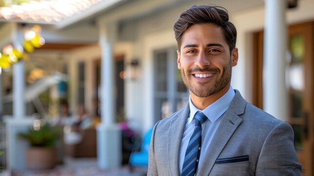A man in a suit smiles confidently as he stands outside a home