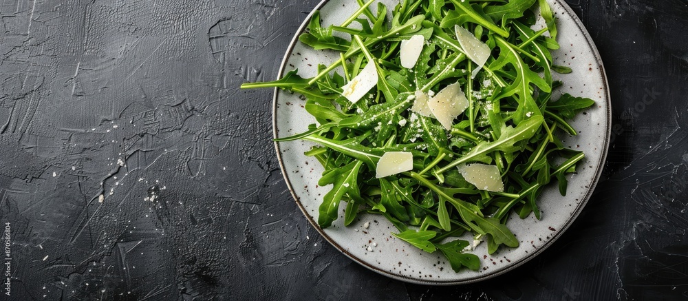 Poster arugula and parmesan cheese salad on a white plate against a dark backdrop with copy space image.