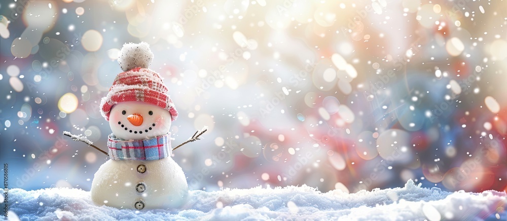 Poster festive greeting card with a cheerful snowman wearing a fun hat and scarf on a snowy backdrop. ample