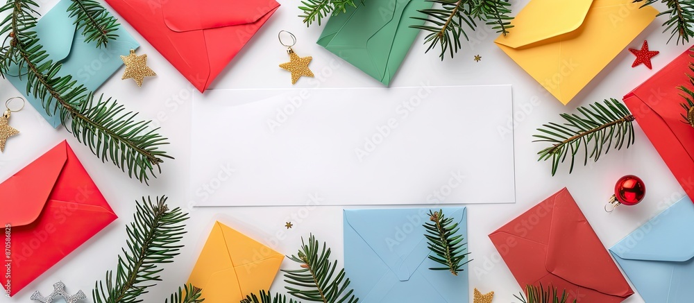 Poster christmas greetings depicted on a white background surrounded by colorful envelopes and festive bran