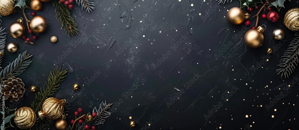 Poster festive christmas frame featuring golden decorations and baubles on a dark background, top view with