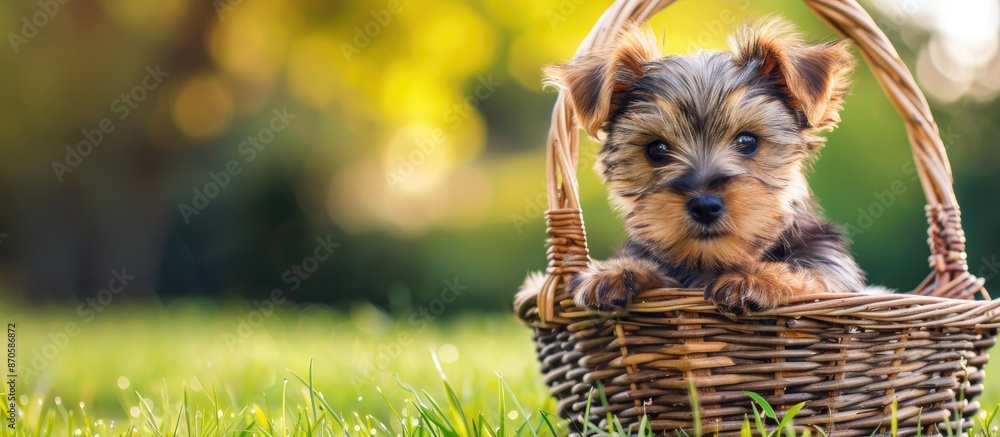 Poster cute yorkshire terrier puppy sitting in a wicker basket on green grass, looking at the camera with a