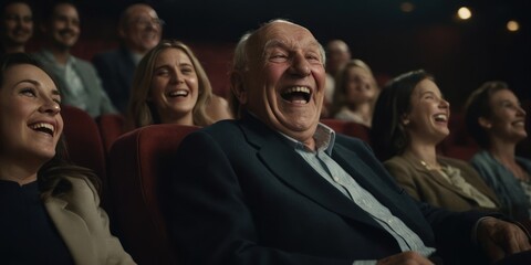 A laughing old man in the cinema watching a comedy movie. Generative AI