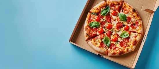 Blue background with pizza box showcasing design and logo for pizza delivery service, featuring ample copy space image.