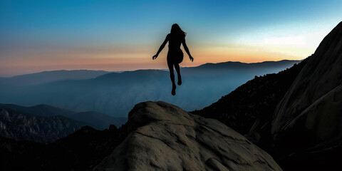 Embracing the Serenity of Dawn on a Mountain Summit: A Hiker's Silhouette Against a Majestic Backdrop