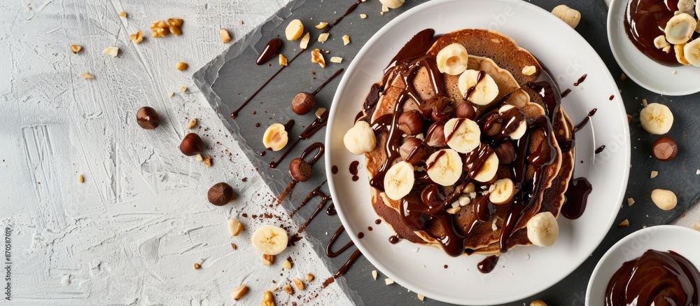 Poster chocolate and hazelnut pancakes on a white plate against a concrete background with a slate backdrop