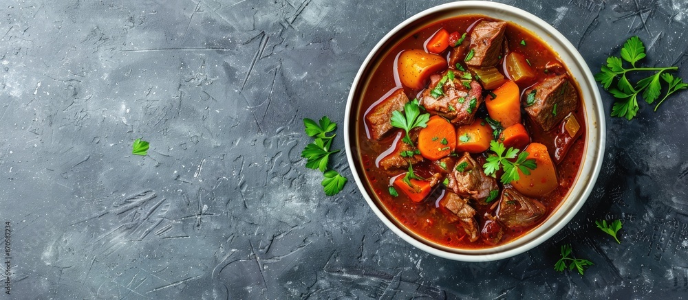 Poster Beef stew served in a bowl against a gray backdrop with a blank area for text in the image. image with copy space