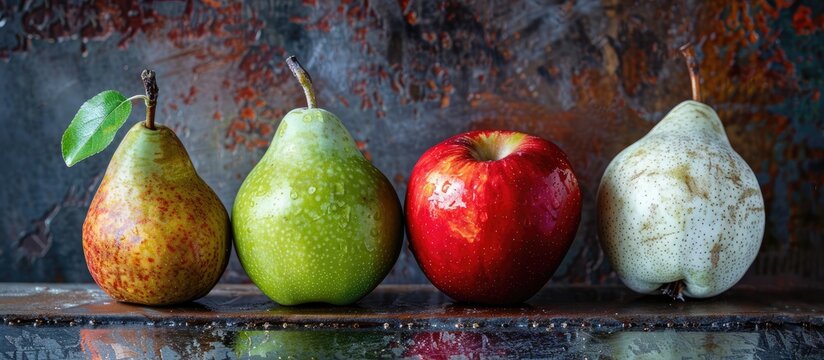 Diet fruit concept shown with green, red apples, and white pear on an iron background, providing ample copy space for images.