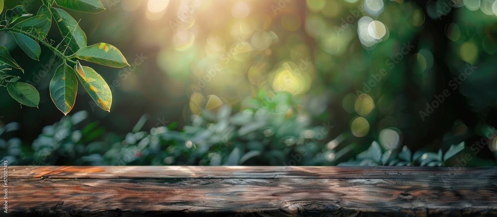 Poster blurry nature background with a tabletop providing copy space image.