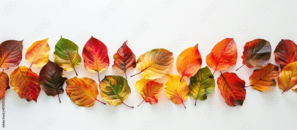 Poster Autumn leaves in vibrant colors and gold tones forming a border on a white background in a flat lay composition with a top view. Includes copy space image.