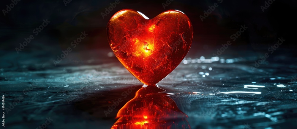 Poster An illuminated heart shape on a dark backdrop with reflection, ideal for a Valentines concept with copy space image and room for product placement.