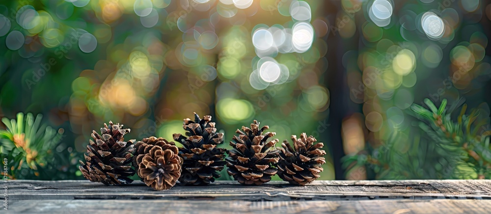 Poster Choose to focus on pine cones displayed on a wooden surface in a forest setting with space for additional text or elements in the image.