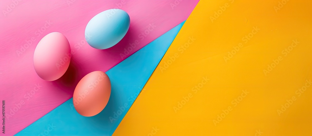 Poster Flat lay Easter eggs on a vibrant background with copy space image.
