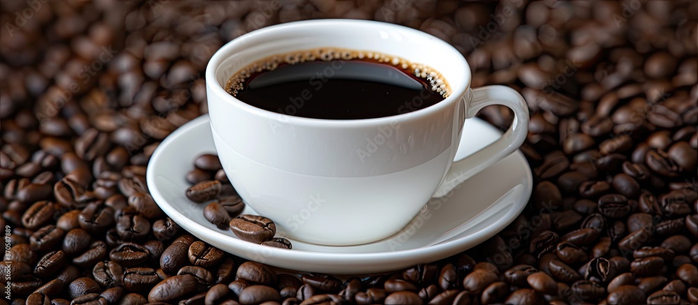 Poster coffee cup with black coffee sits against a backdrop of coffee beans in an arrangement of accessorie