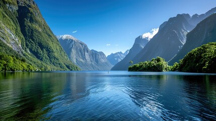 Majestic Mountain Lake: Serene Oasis Surrounded by Towering Peaks and Clear Blue Sky