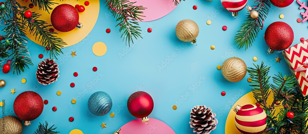 Poster christmas-themed flat lay with circular paper, pine branches, and festive ornaments on a vibrant bac