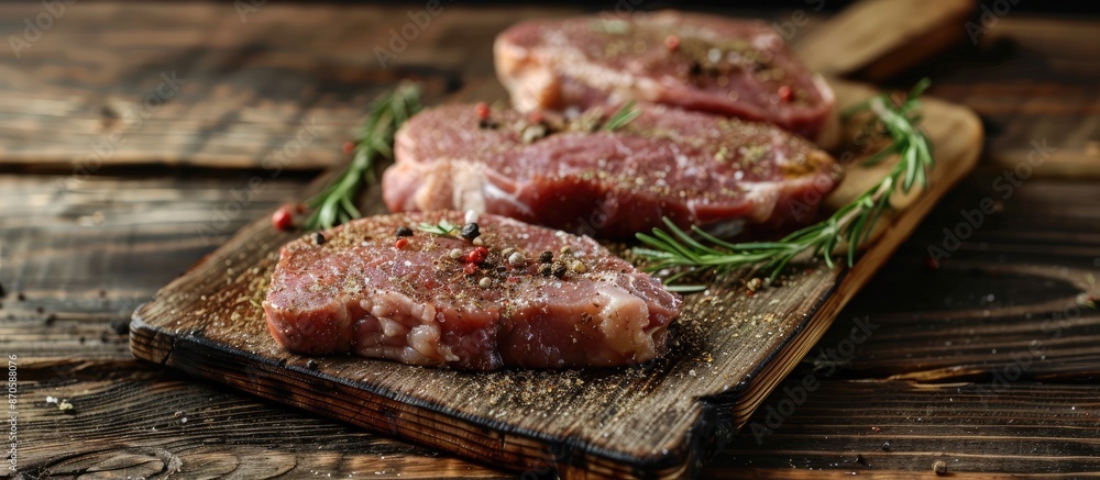 Poster An aged cutting board holds three uncooked meat slices seasoned with spices, with selective focus on the setup for a copy space image.