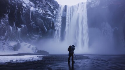 Fototapeta premium Photographers capture the waterfall's beauty in still frames, freezing its dynamic motion for eternity.