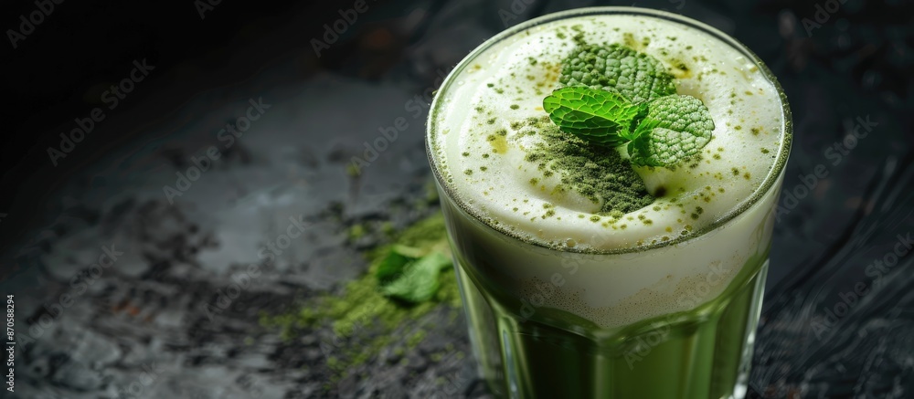 Poster close-up of a matcha latte and milk foam topped with a mint leaf in a glass on a black background, p