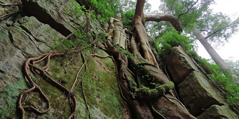 Ancient Stone Carvings Intertwined with Nature in a Serene Forest Setting