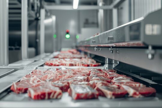 Experience the innovation and efficiency of a meat production line in studio isolate shots.