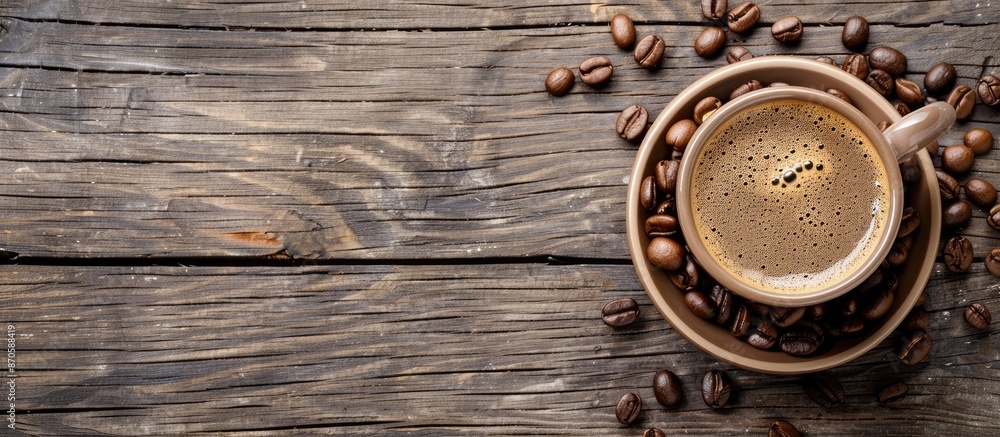 Poster coffee cup and beans on wooden table provide copy space image.