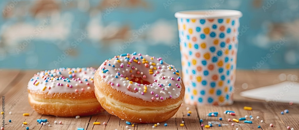 Poster delectable doughnuts topped with sprinkles, resting on a wooden table with a paper cup nearby, creat