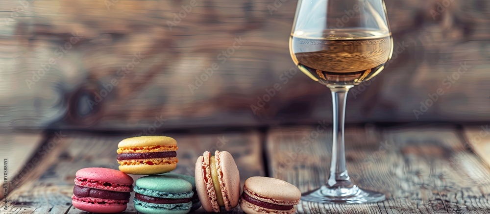 Poster Colorful macaroons from a French bakery displayed on a wooden table with a wine glass, creating a relaxing morning scene with copy space image.