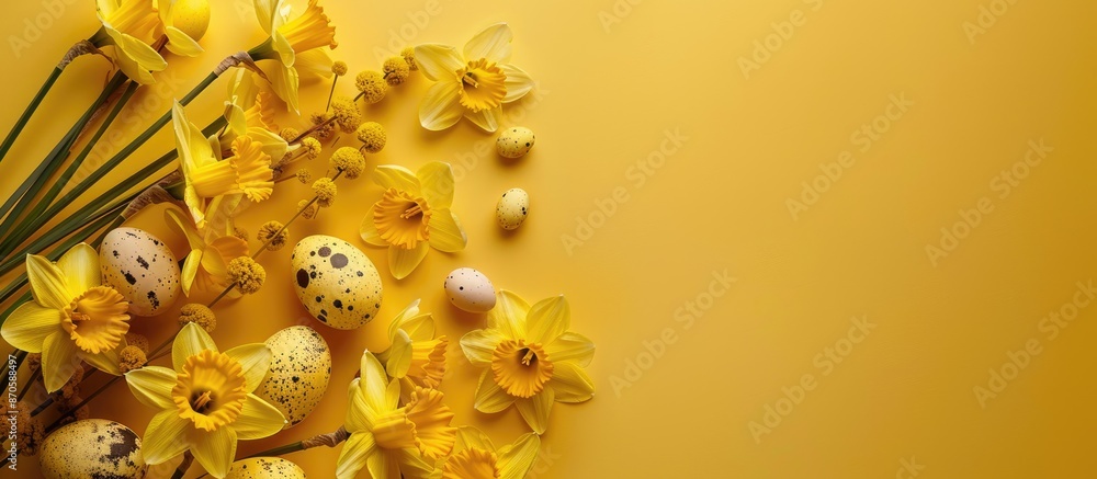 Poster Flat lay composition featuring yellow daffodils and Easter eggs on a matching yellow backdrop with copy space image.