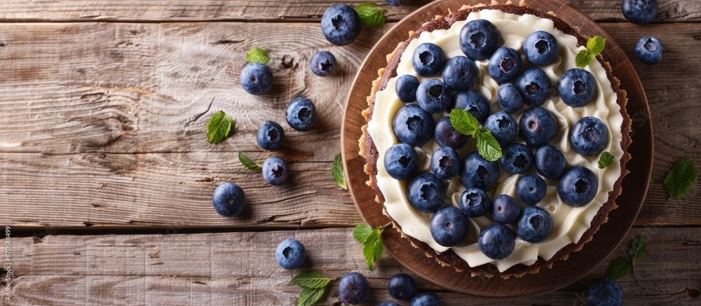 Aufkleber Blueberry cake on a wooden table with room for text in a flat lay composition. image with copy space