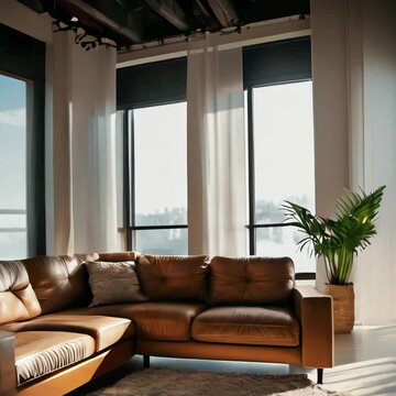 a shot with harsh sun light with a light brown mood, a shot of modern couch lounge from 45 degree camera angle on a soild white background