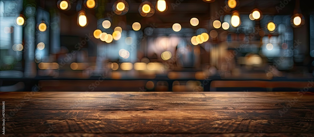Aufkleber Empty dark wooden table with an abstract blurred bokeh restaurant background ideal for displaying or arranging products with available copy space image.