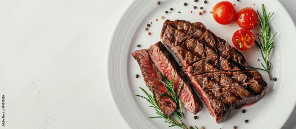 Aufkleber Cutting cooked meat on a plate with a customized white background for a copy space image.