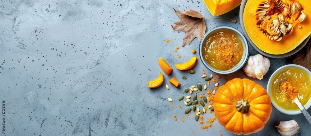 Aufkleber Flat lay image of a bowl with scrumptious pumpkin jam and ingredients on tile surface, with room for text in the copy space image.