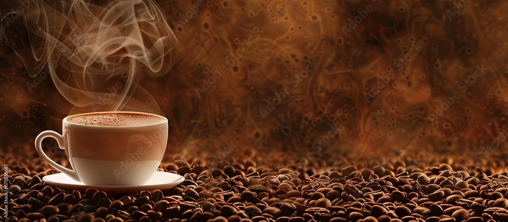 Poster banner featuring a cup of steaming coffee on a background of roasted coffee beans, ideal for design 