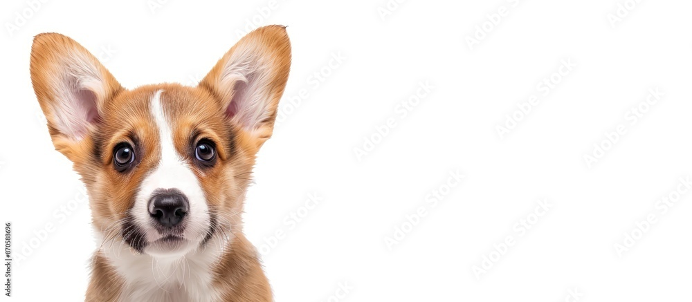 Poster Adorable Welsh Corgi Pembroke puppy with an inquisitive look, posing in front of the camera on a white background, creating a charming copy space image.