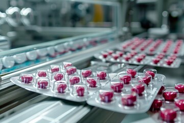 Obraz premium Explore the advanced technology utilized in drug manufacturing with studio isolate shots capturing the medicine tablet packaging process.