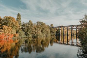 Railway Bridge with river in Bietigheim-Bissingen, Germany. Autumn. Railway viaduct over the Enz...