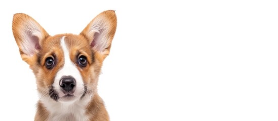 Adorable Welsh Corgi Pembroke puppy with an inquisitive look, posing in front of the camera on a white background, creating a charming copy space image.