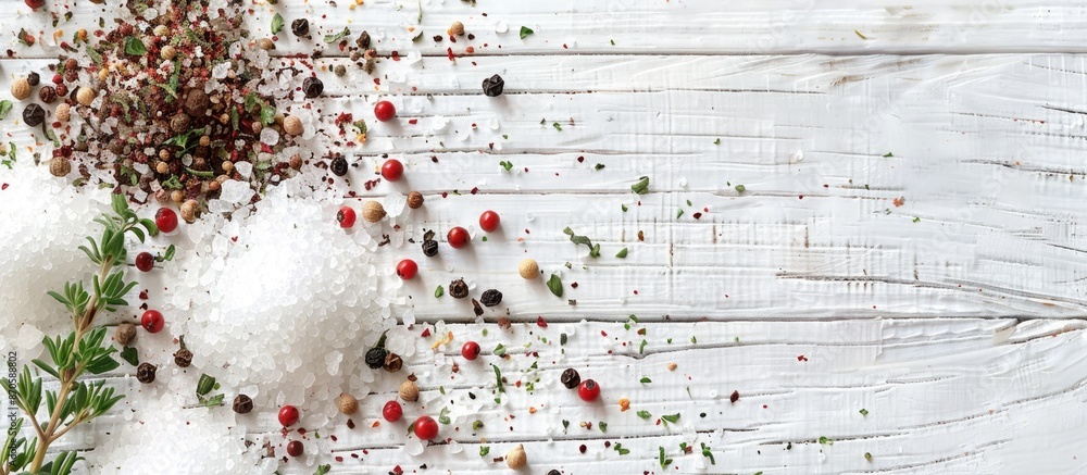Aufkleber close-up of salt scattered with peppercorns and thyme, on a white wooden table, with ample space for