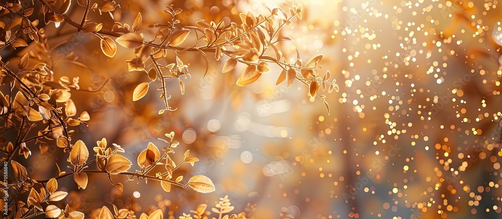 Poster beautiful fall scenery with a backdrop of golden apricot leaves, perfect for a copy space image.