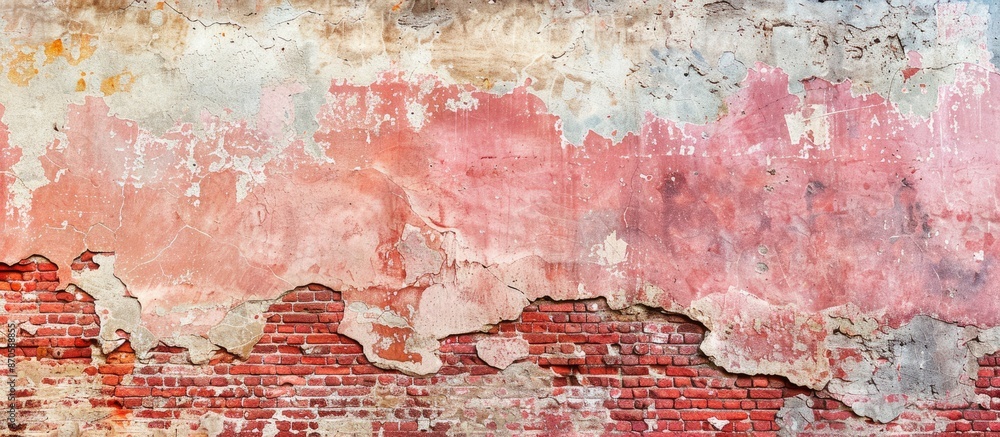 Poster an aged, empty brick wall with a distressed, grungy red stonewall background offers a shabby buildin