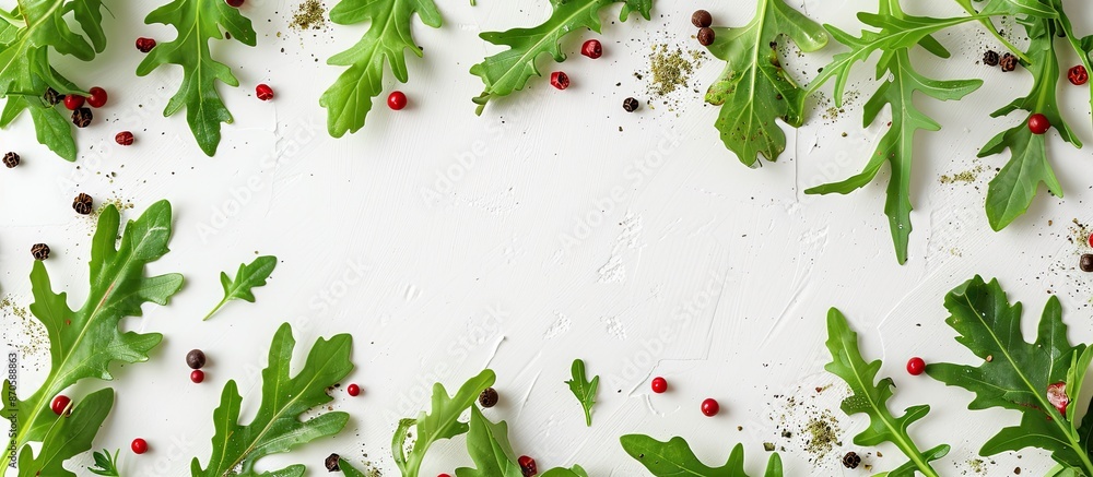 Poster Arugula leaves in a green frame with red and black pepper on a white background, suitable for adding text or other elements in the copy space image.