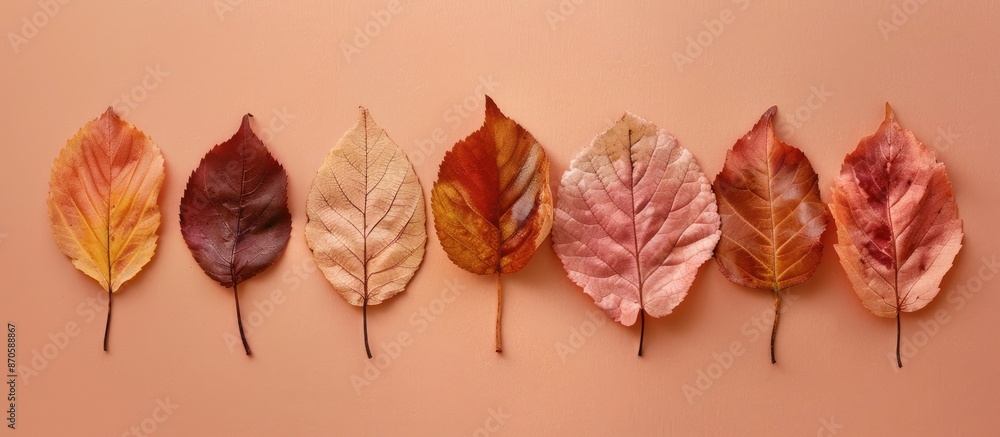 Poster Autumnal leaves arranged in a flat lay composition on a colored background, leaving room for text in a copy space image.