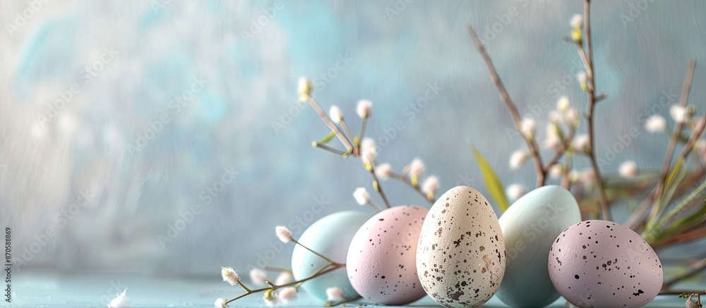 Poster easter-themed composition featuring soft pastel-colored easter eggs against a backdrop, ideal for co