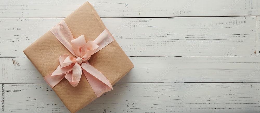 Poster copy space image of a gift box tied with a ribbon on a white wooden table.