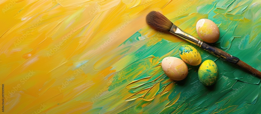 Poster Close-up view of a paint brush with eggs on an abstract yellow and green background with copy space image.