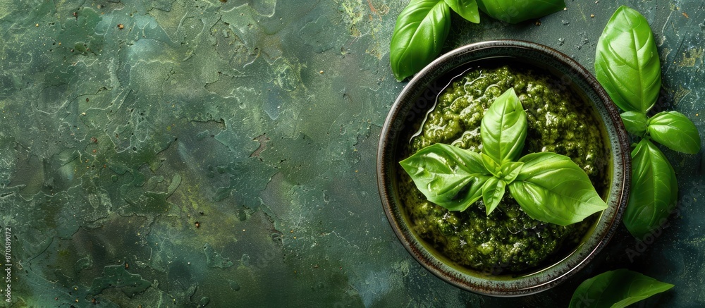 Poster close-up of a delicious bowl of pesto sauce on a green backdrop with ample copy space image.