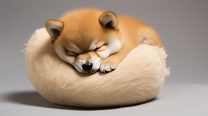 A cuddly Shiba Inu curled up in a ball, fast asleep.