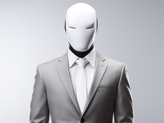 Faceless businessman in a sleek grey suit with a black tie, exuding a futuristic and mysterious aura.